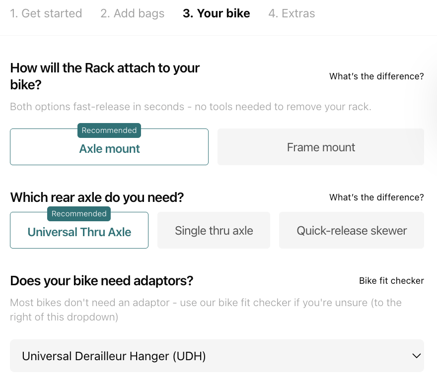 axle selection page showing the Tailfin Universal Thru Axle 