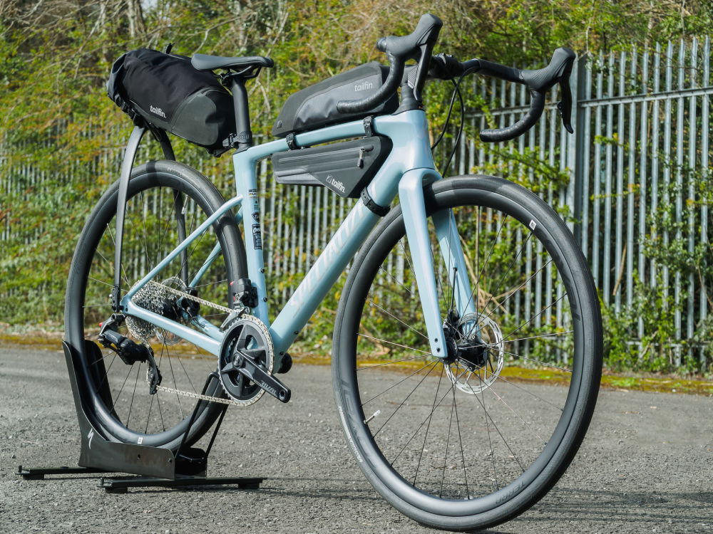 specialized roubaix with tailfin SpeedPack, toptube bag and frame bag fitted