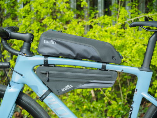 side view of tailfin 1.6L long top tube bag and 1.9L Wedge Frame Bag