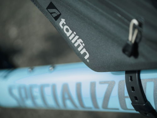 close-up detailing of the logo on a tailfin frame bag 