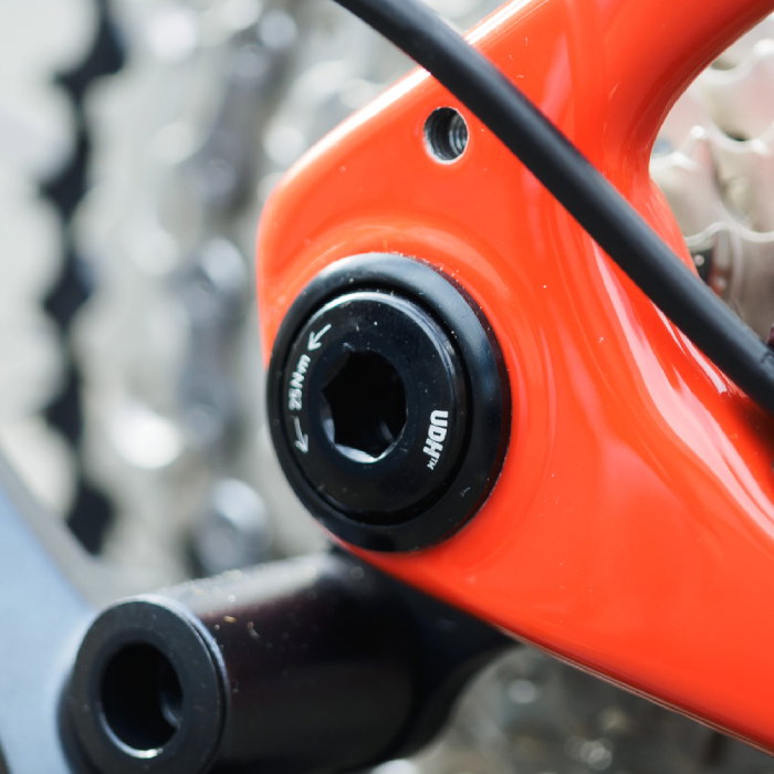 Close-up of a red bike fitted with a SRAM UDH.