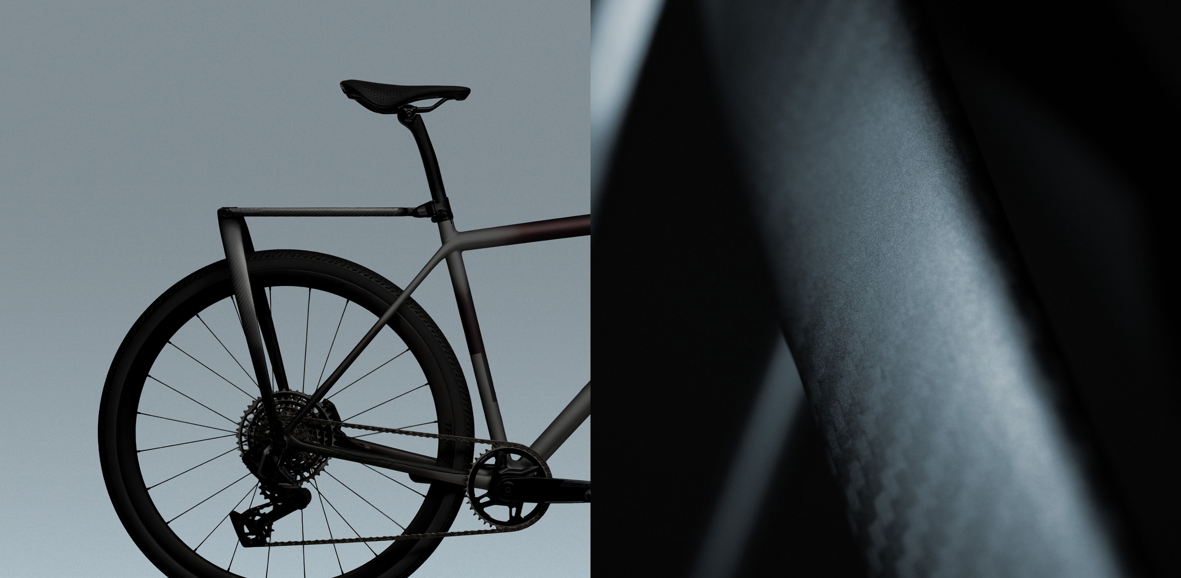Tailfin carbon rack mounted on a gravel bike, featuring detailed carbon fibre texture.