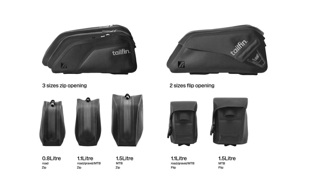 Tailfin top tube bike bag size comparison showing zip and flip opening models.
