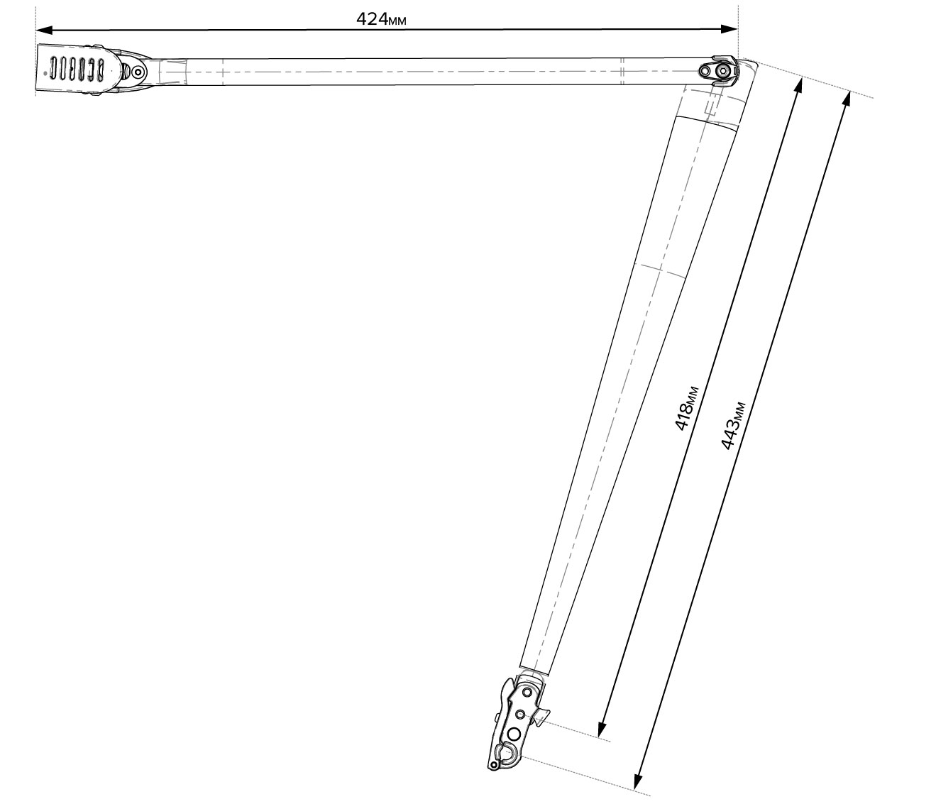 Technical drawing showing dimensions of a Tailfin support arm mounting assembly.