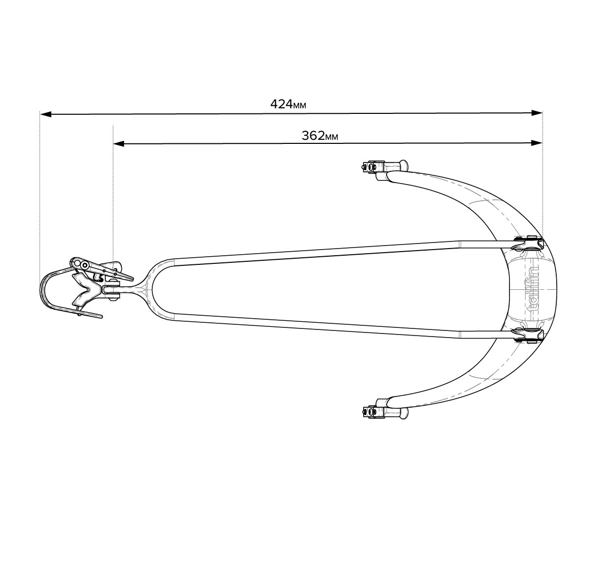 Technical schematic drawing showing the dimensions of a Tailfin bicycle rear rack.