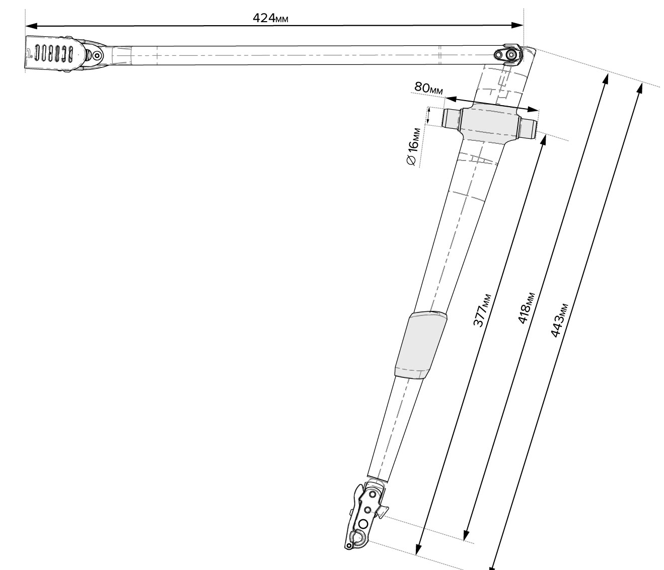 Technical diagram showing the dimensions of the adjustable Tailfin rack arm.