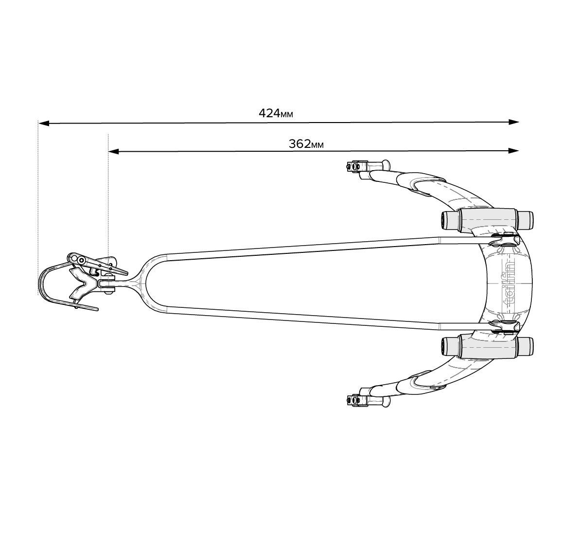 Schematic diagram of a Tailfin bicycle rack connector showing technical dimensions.