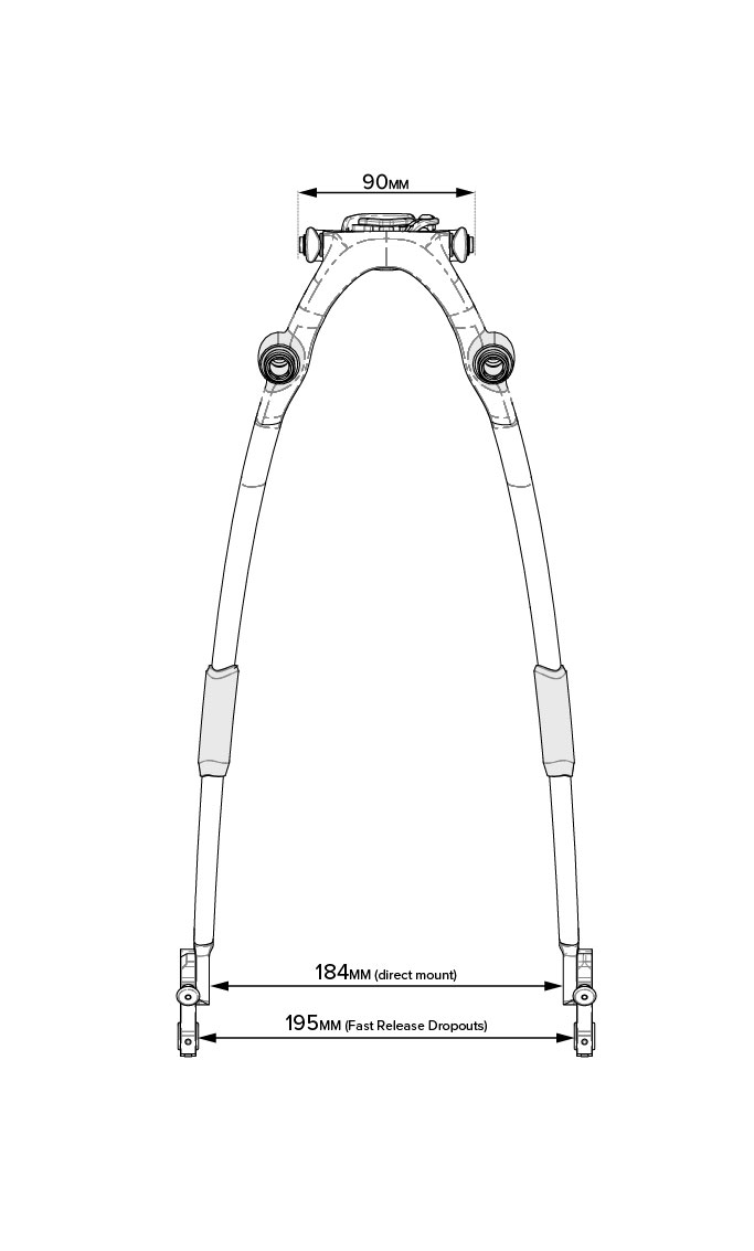 Technical schematic diagram showing dimensions of a Tailfin carbon rear bicycle rack.
