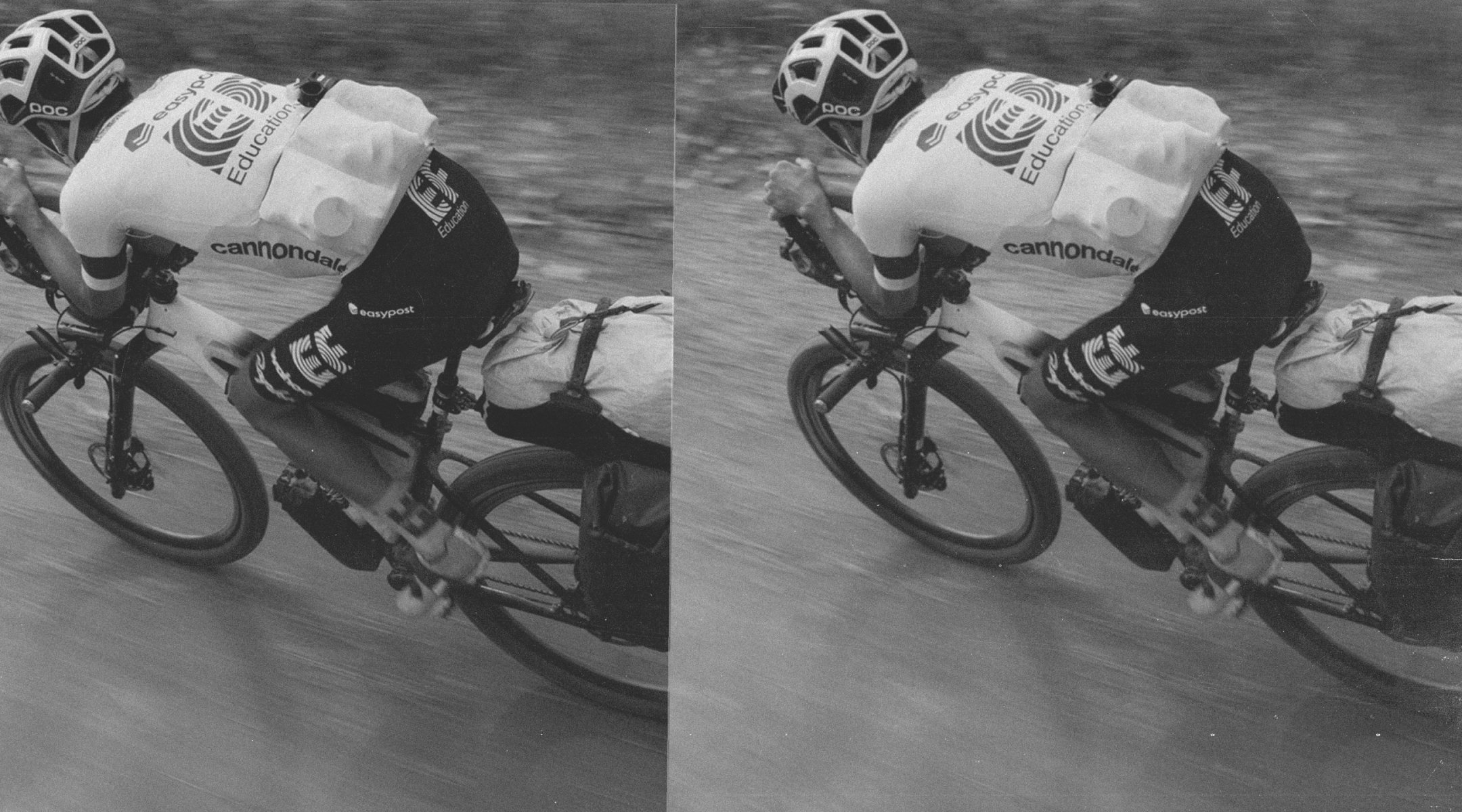 Professional cyclist with a Tailfin bikepacking seat pack on a gravel road.