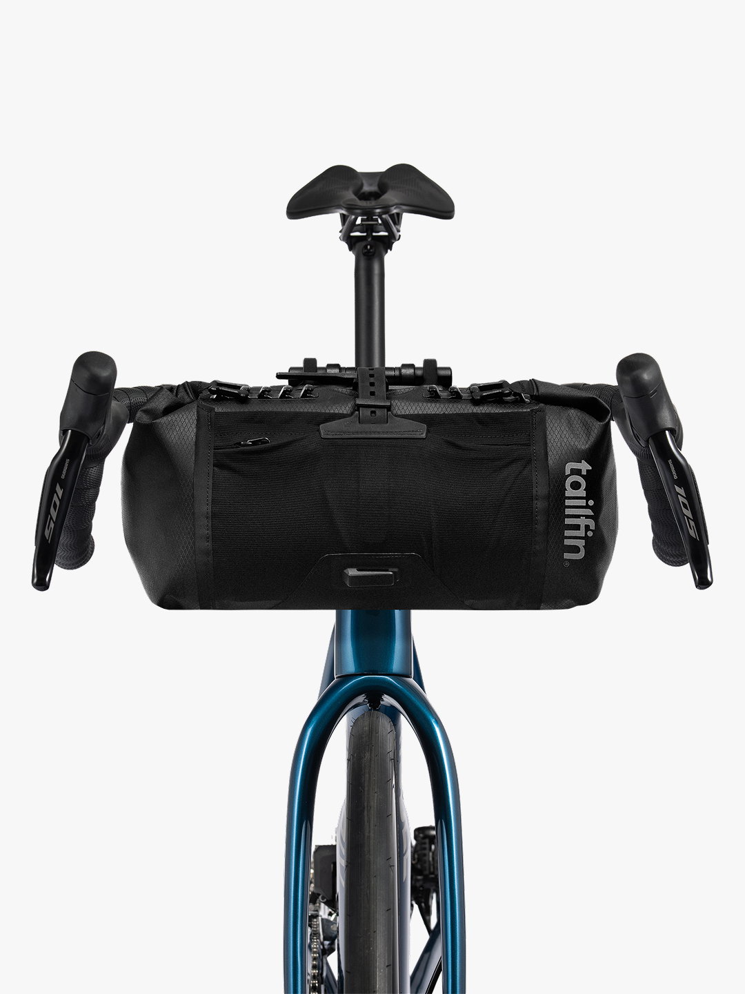 Front view of a black Tailfin handlebar bag on a gravel bicycle.
