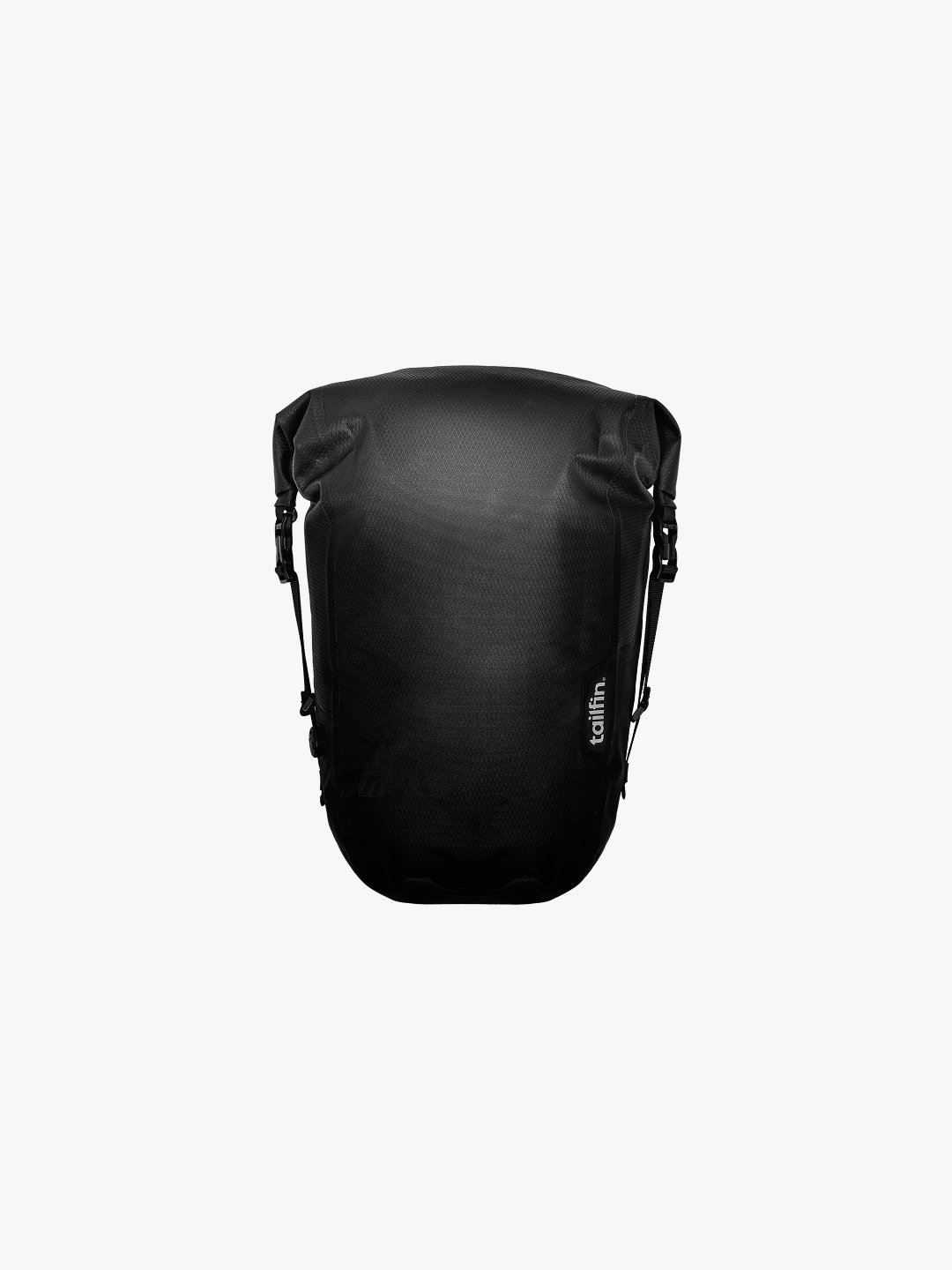 Tailfin black waterproof roll-top bicycle pannier bag on a white background.