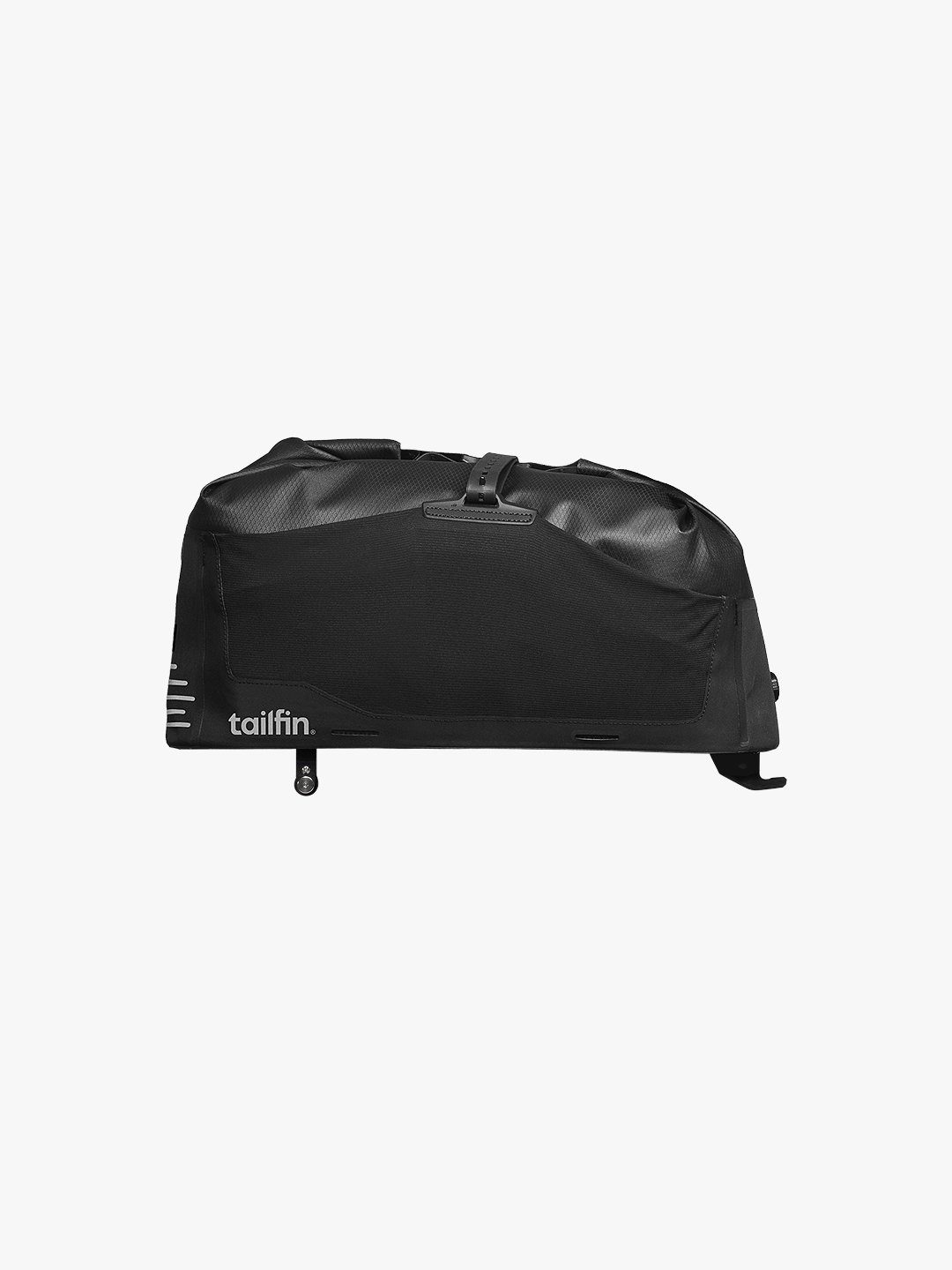 Sleek side view of a waterproof Tailfin black bicycle trunk bag for bikepacking.