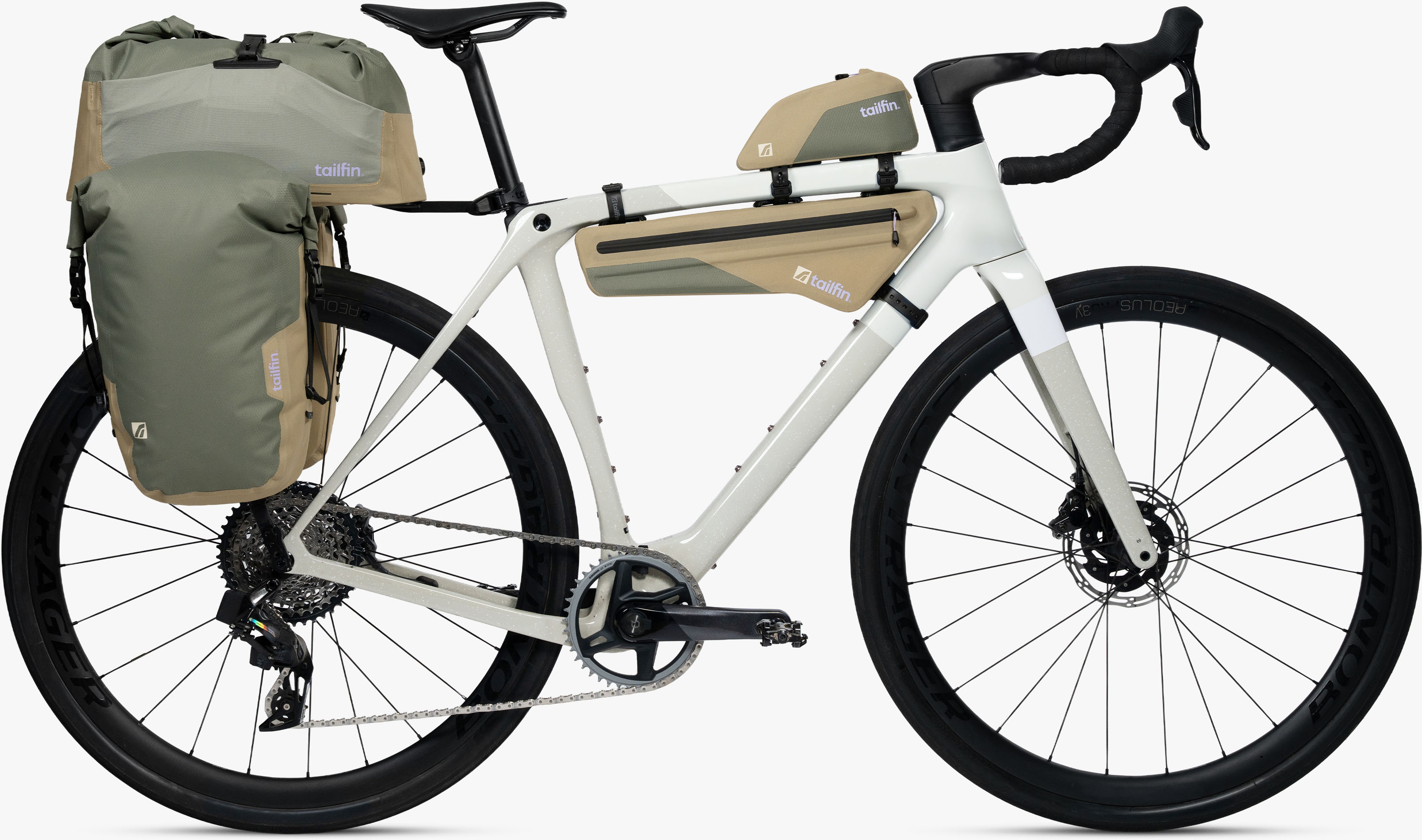 Tailfin bikepacking bags and panniers fitted on a modern gravel adventure bike.