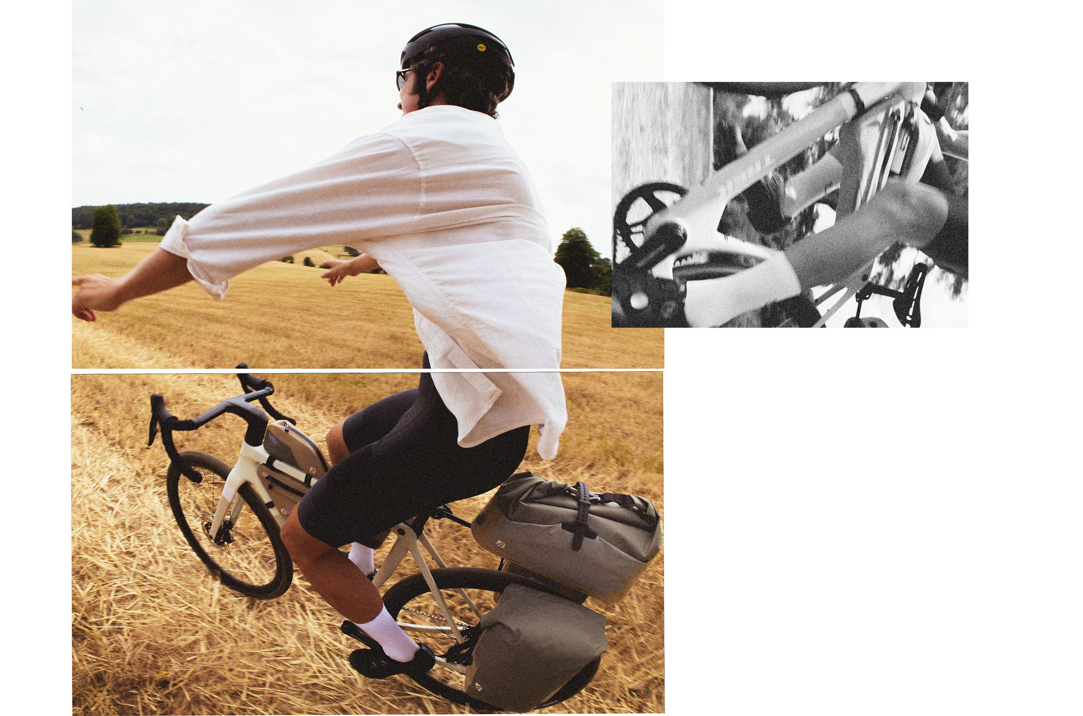 Cyclist riding a gravel bike with Tailfin bikepacking bags in a golden field.