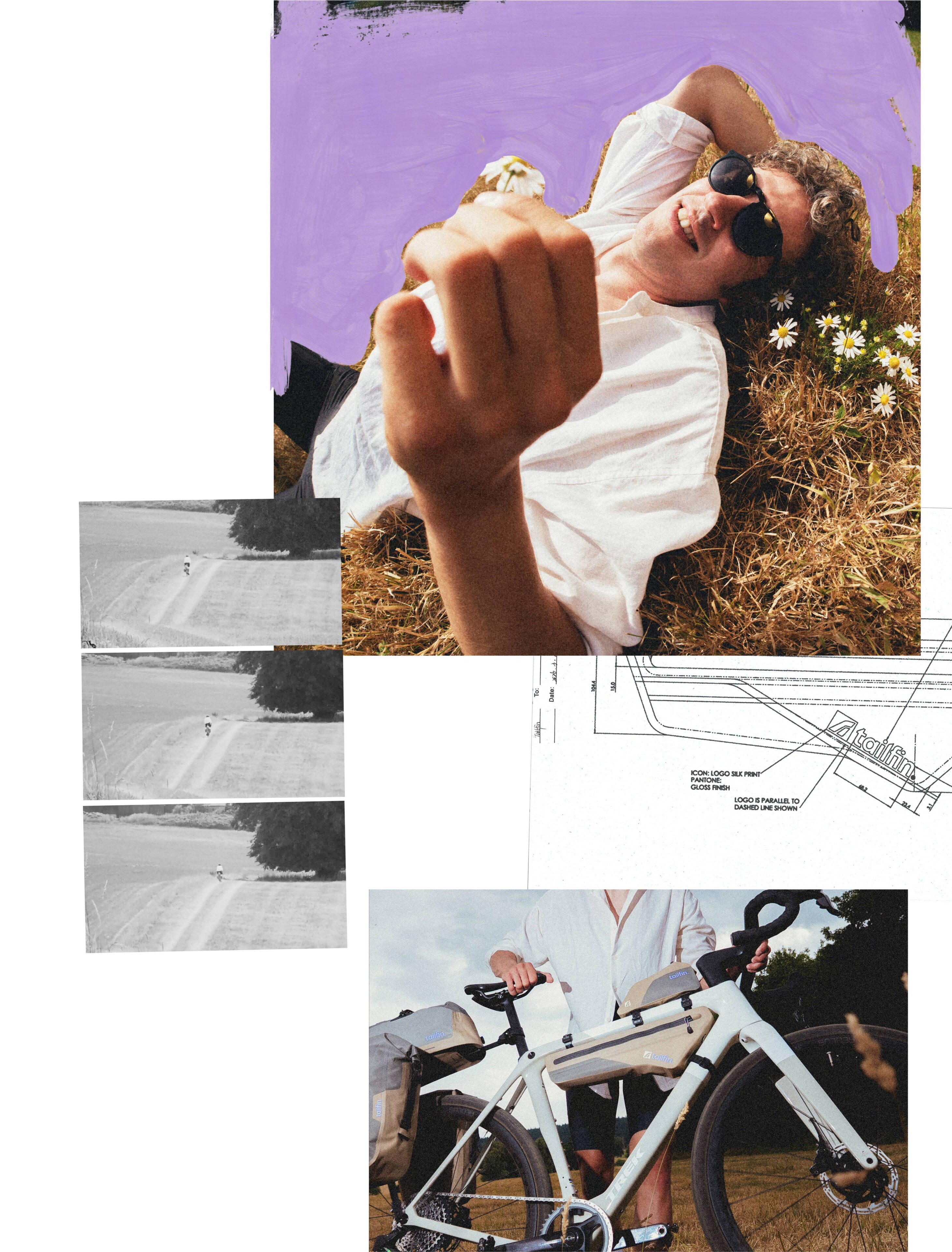 Artistic collage showcasing Tailfin bikepacking gear, technical schematics and outdoor cycling adventures.