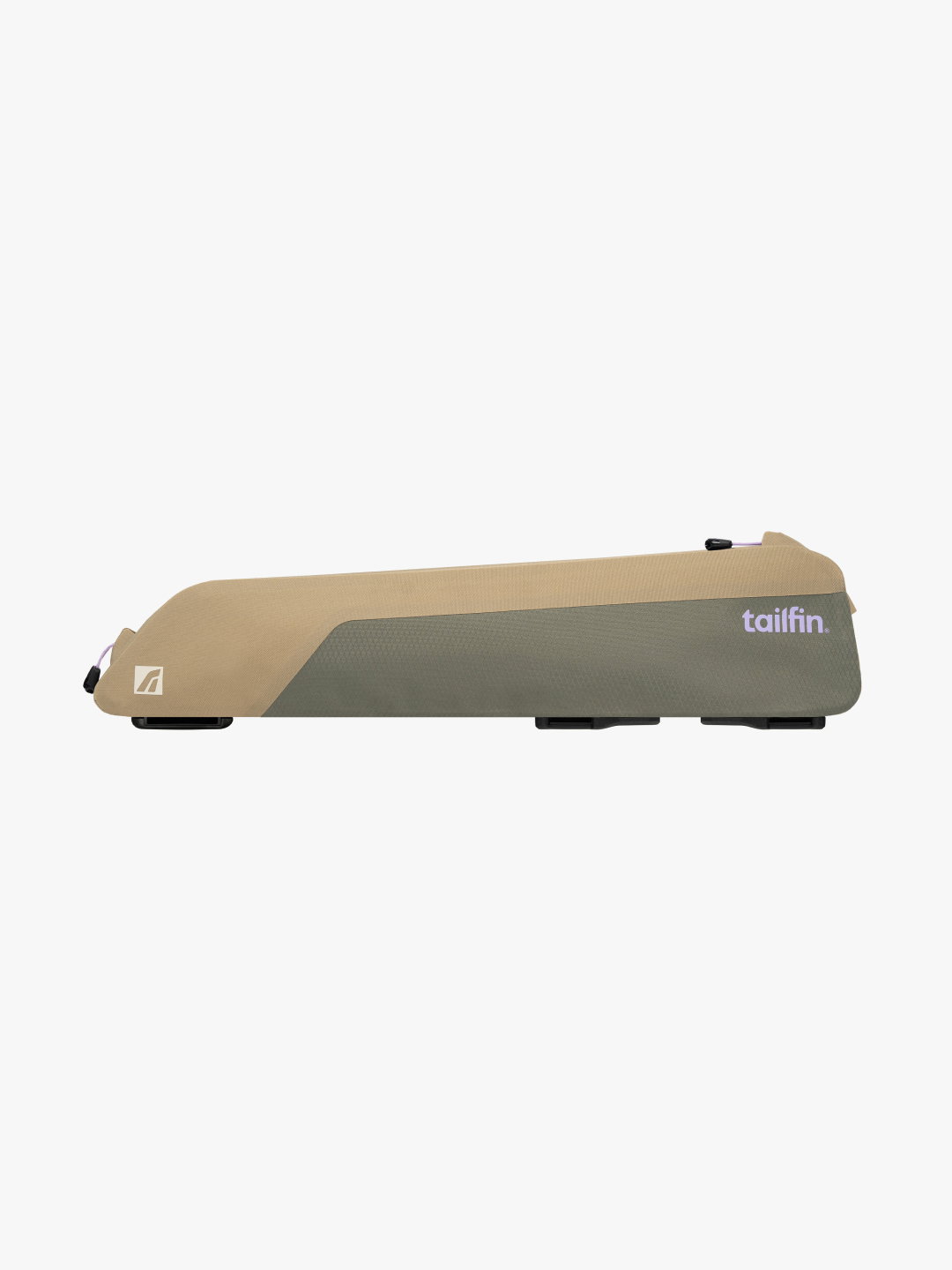 Sleek Tailfin top tube bicycle frame bag in two-tone tan and green.