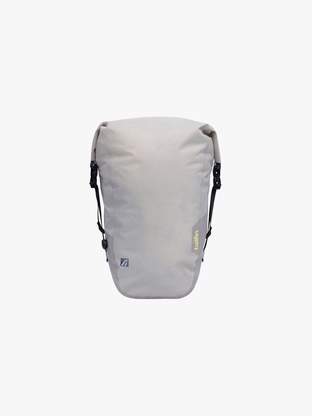 Tailfin roll-top bicycle pannier bag in light grey for bike touring.